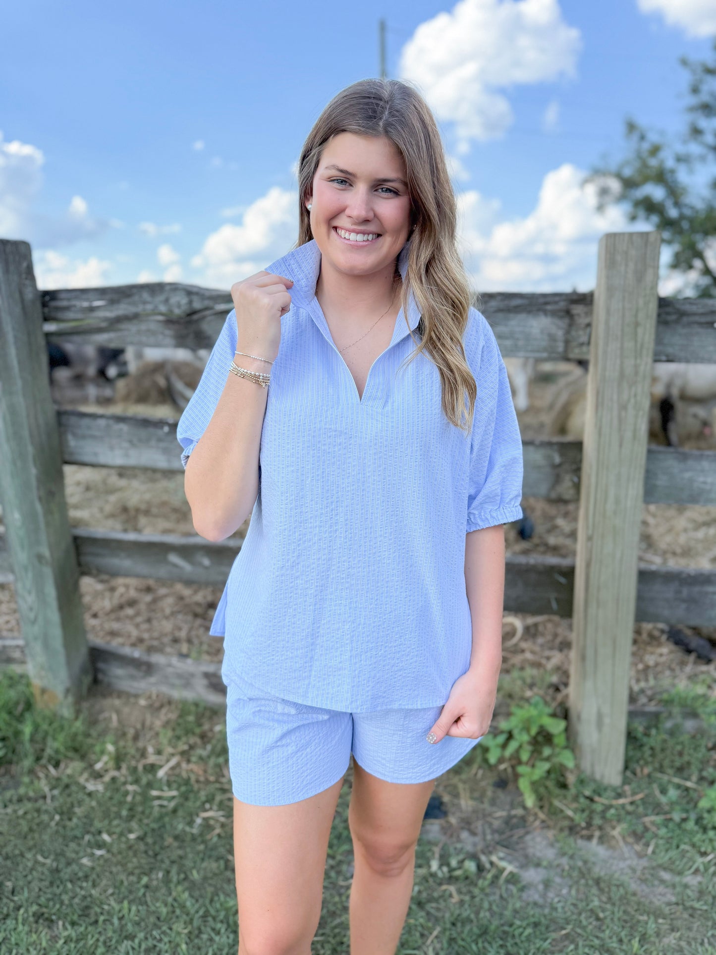 Plus Spring Sloan Top in Sky Seersucker Pinstripe