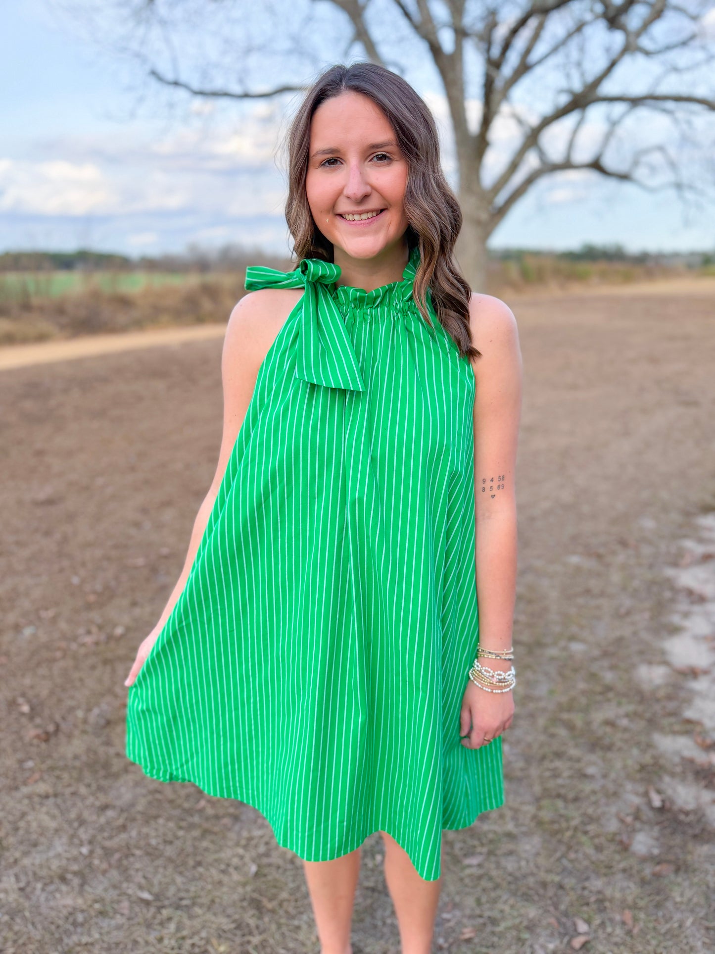 Spring Gracie Dress in Kelly Green Stripe