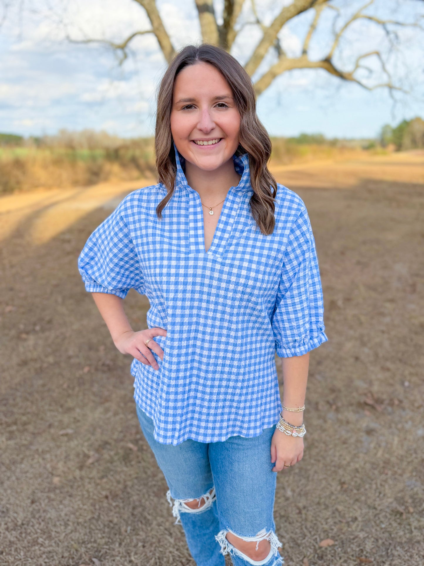 Plus Spring Sloan Top in Sky Seersucker Gingham