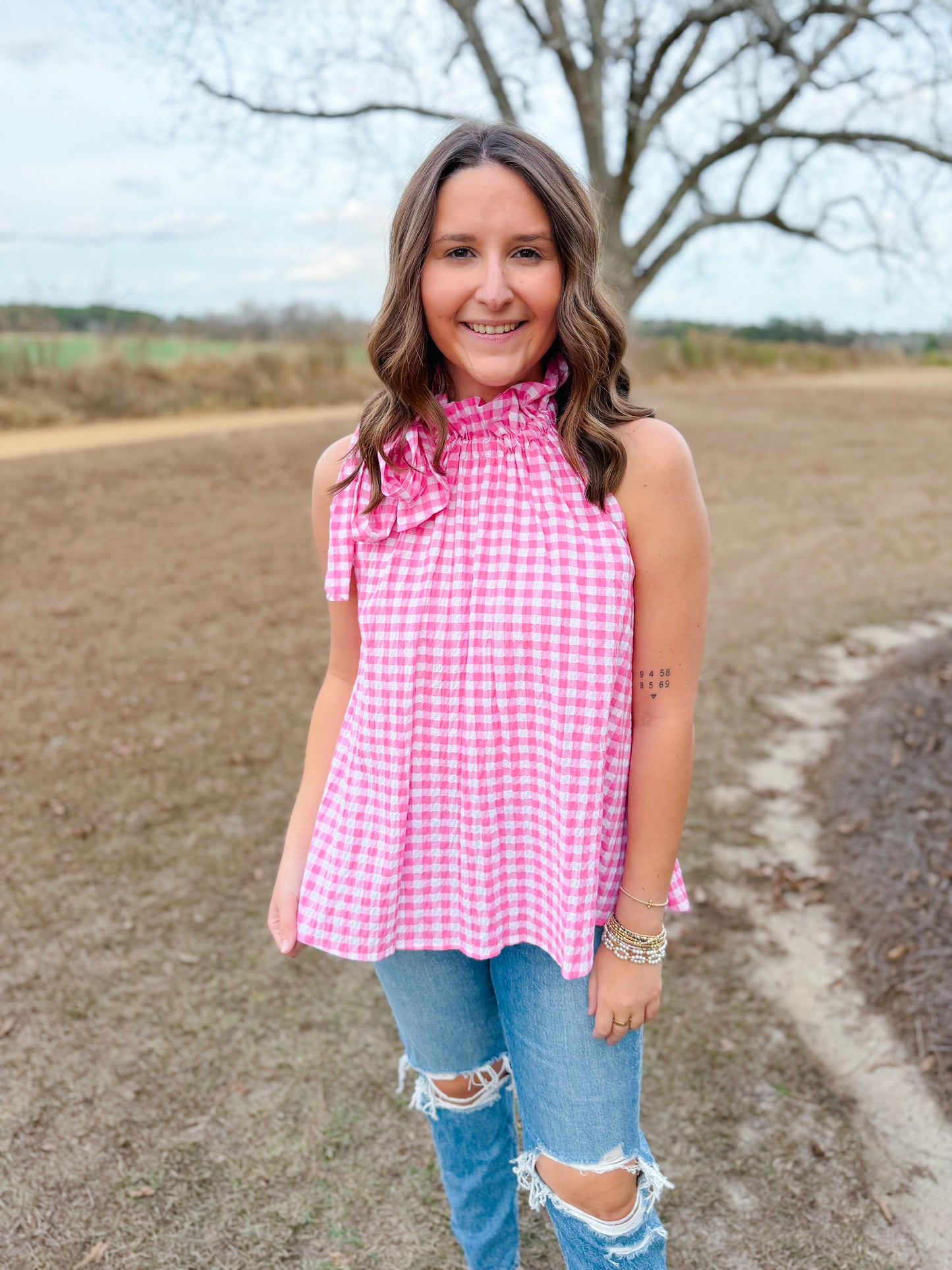 Spring Bridget Top in Pink Seersucker Gingham