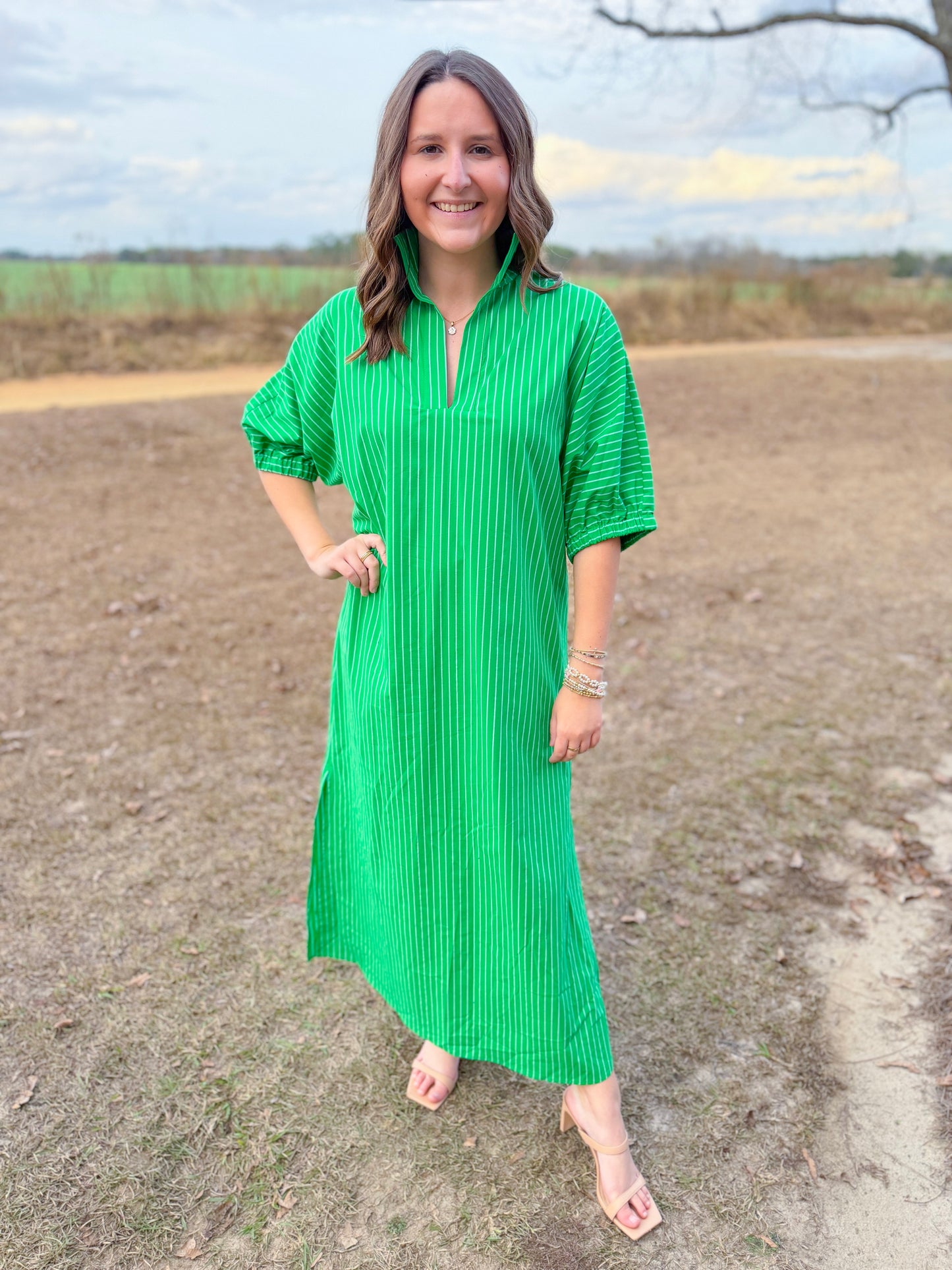 Plus Spring Blakely Midi Dress in Kelly Green Stripe
