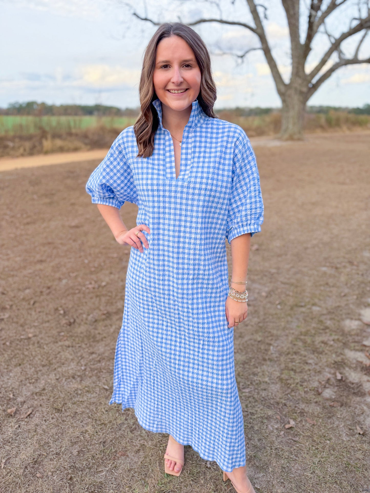 Spring Blakely Midi Dress in Sky Seersucker Gingham