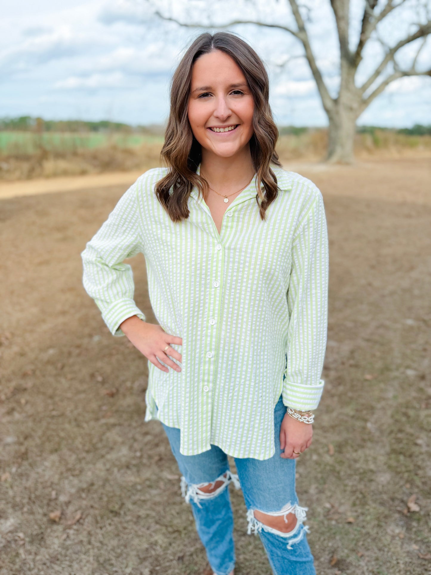 Spring Marley Button Down Top in Lime Seersucker