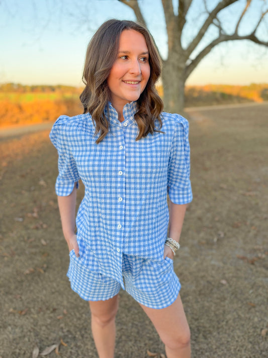 Spring Jodie Top in Sky Seersucker Gingham