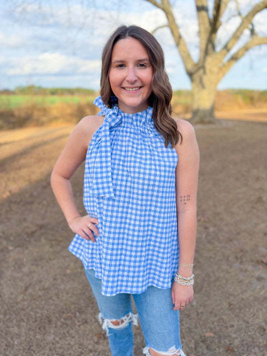 Spring Bridget Top in Sky Seersucker Gingham
