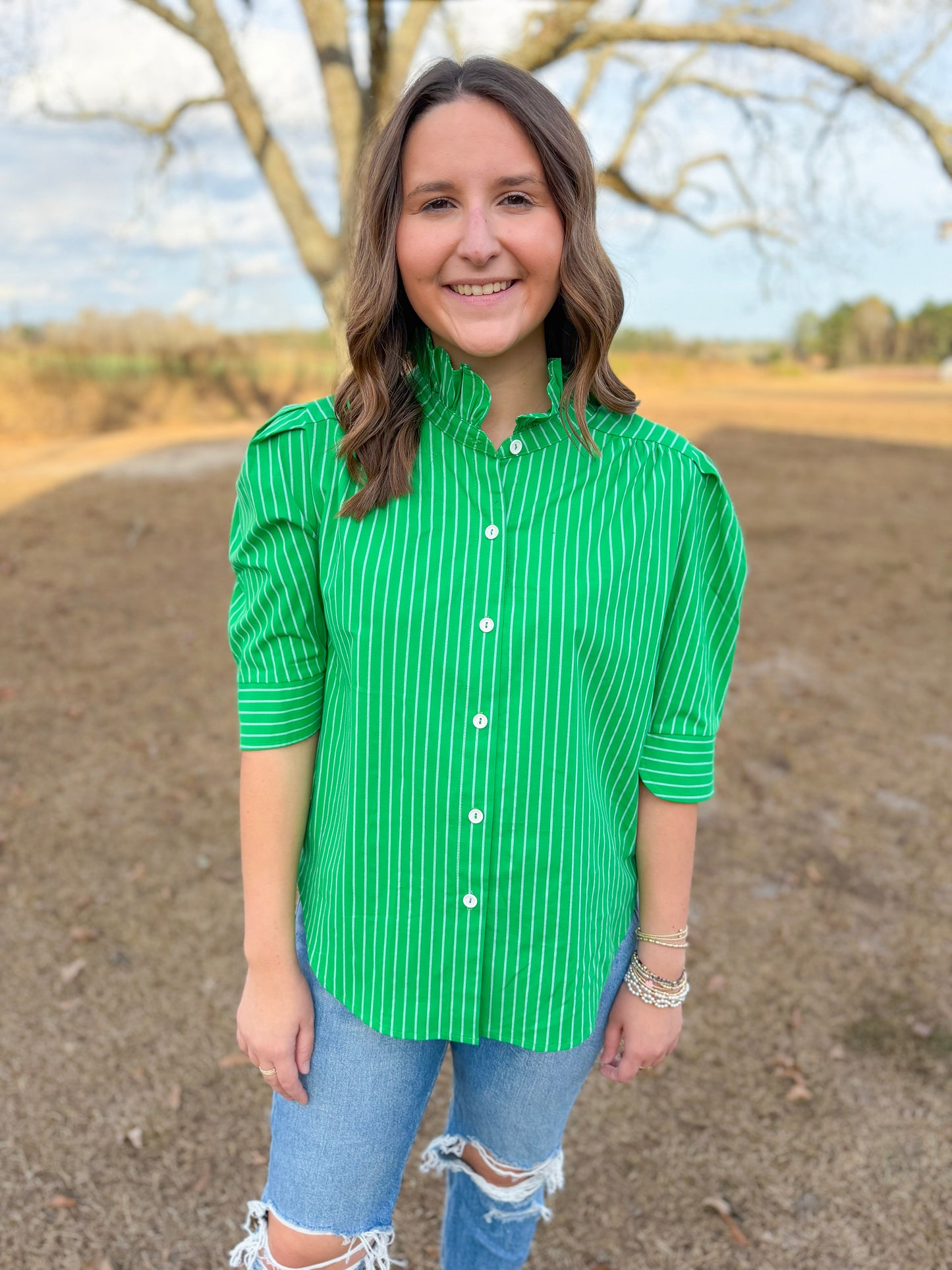 Plus Spring Jodie Top in Kelly Green Stripe