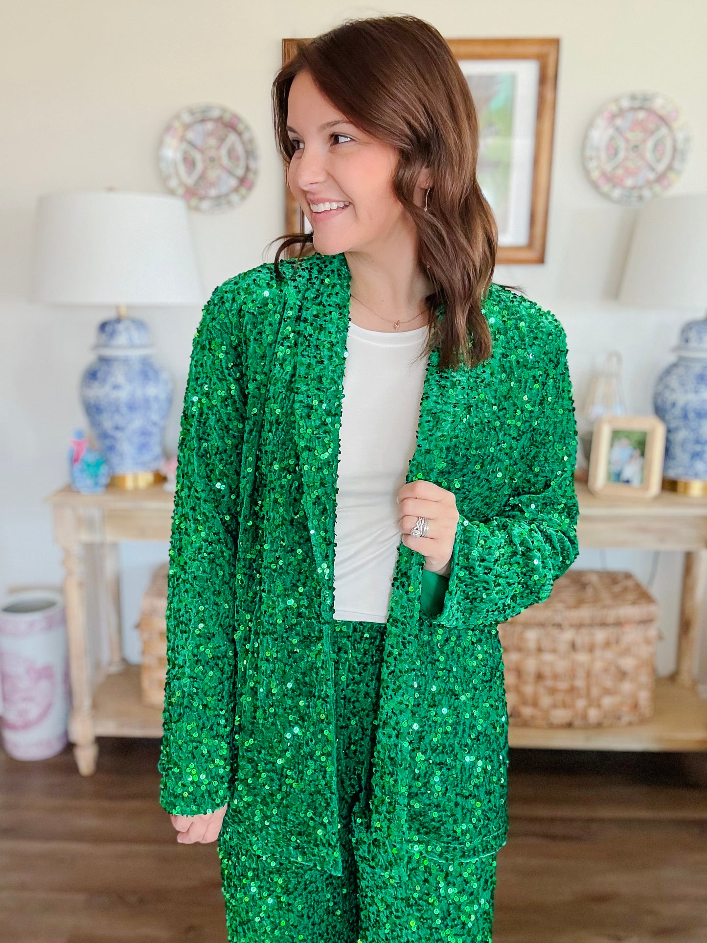 Mardi Gras Natalia Velvet Sequin Blazer in Green