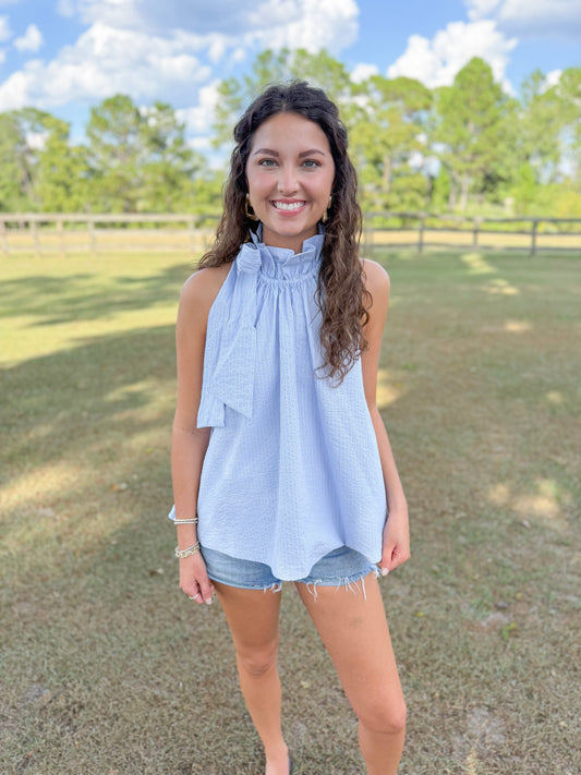 Spring Bridget Top in Sky Seersucker Pinstripe