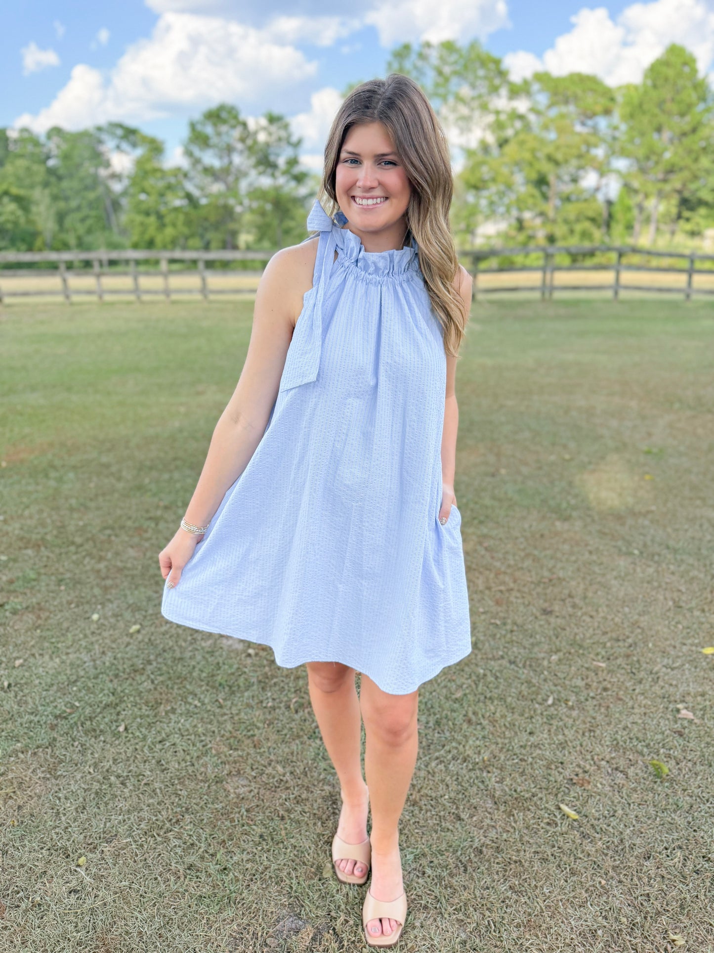 Plus Spring Gracie Dress in Sky Seersucker Pinstripe