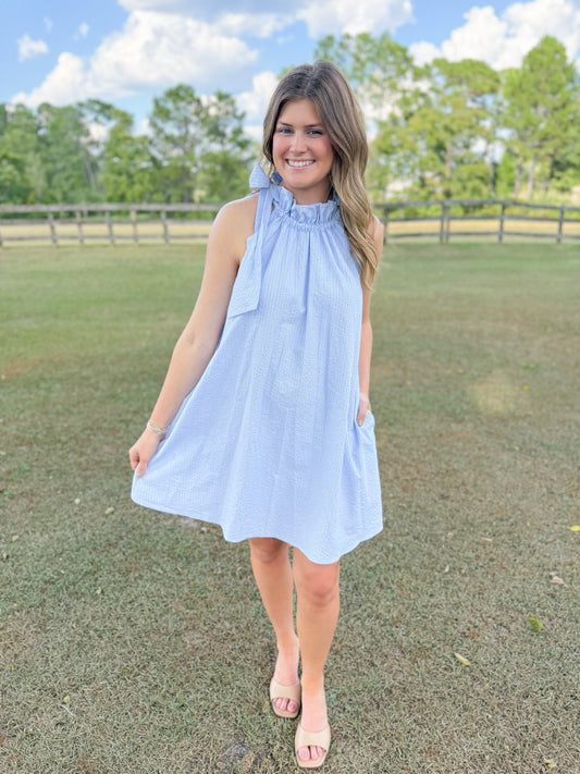Spring Gracie Dress in Sky Seersucker Pinstripe