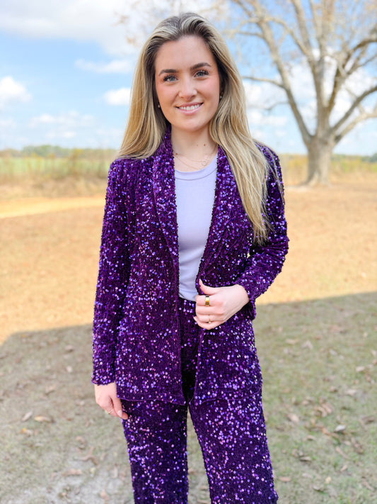 Mardi Gras Natalia Velvet Sequin Blazer in Purple