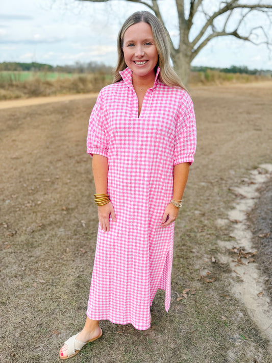 Spring Blakely Midi Dress in Pink Seersucker Gingham