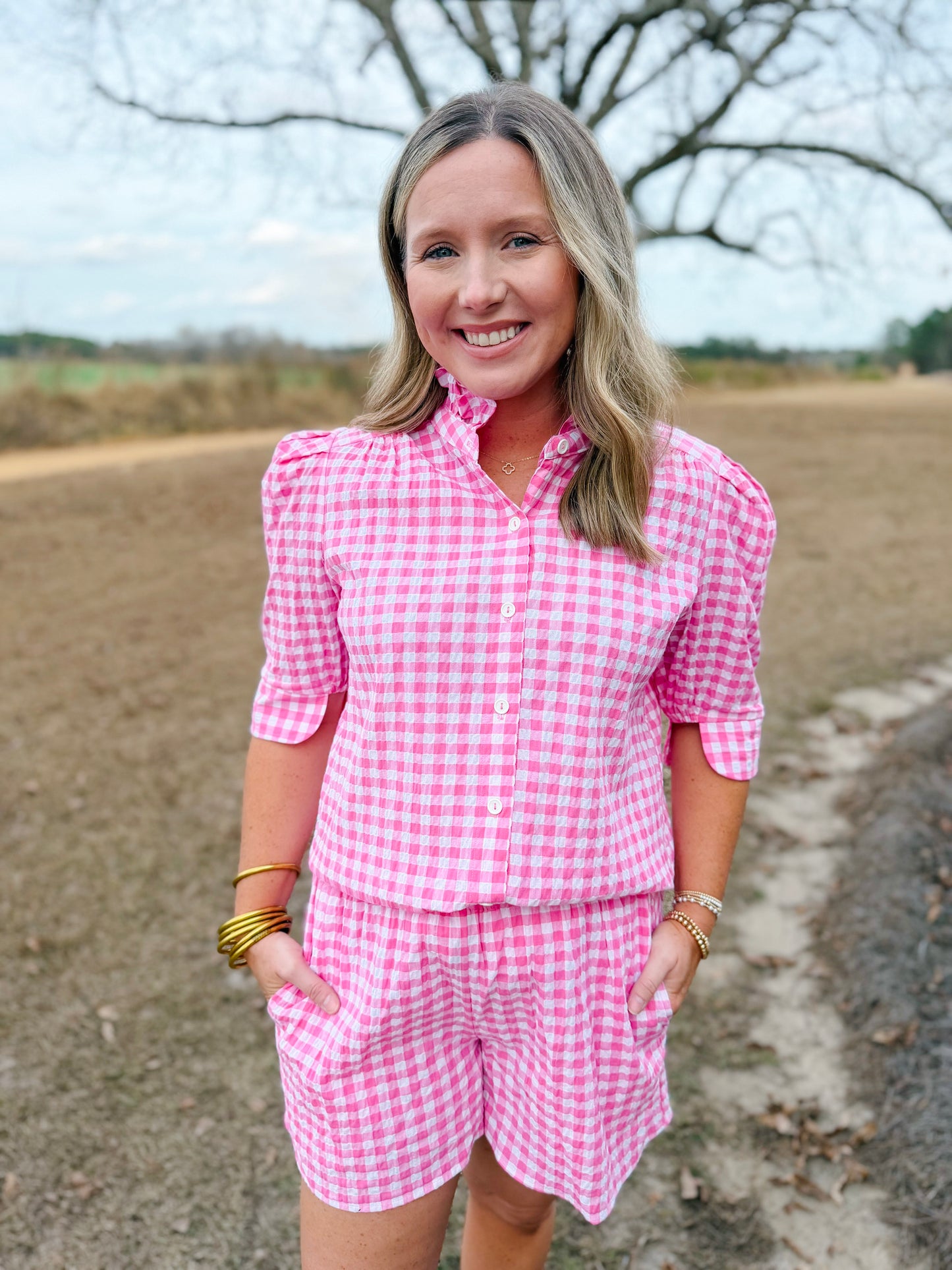 Spring Jodie Top in Pink Seersucker Gingham