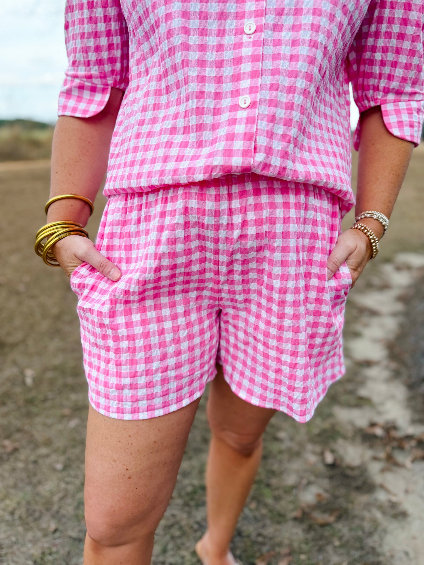Plus Spring Faye Shorts in Pink Seersucker Gingham