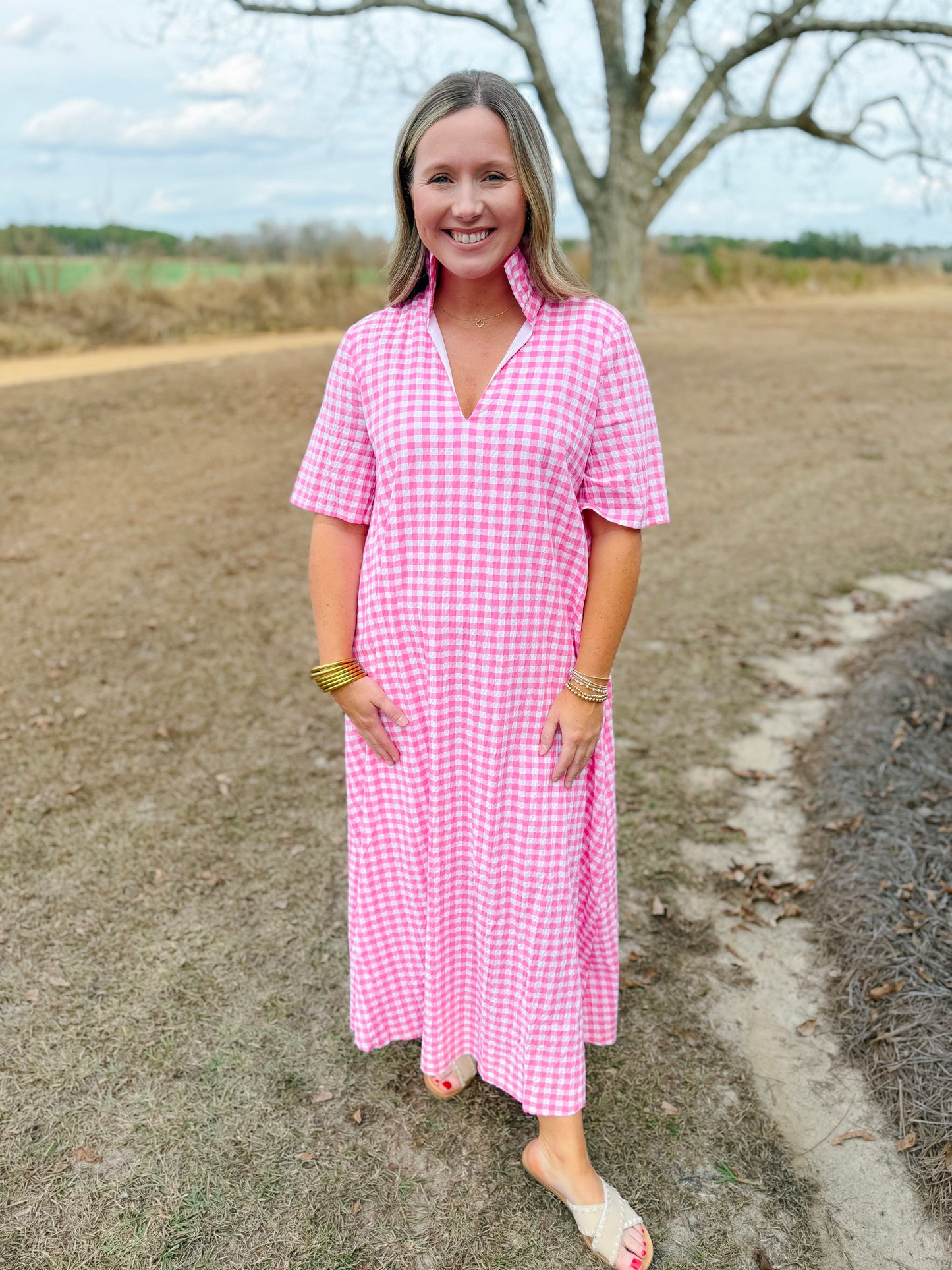 Plus Spring Audrey Midi Dress in Pink Seersucker Gingham