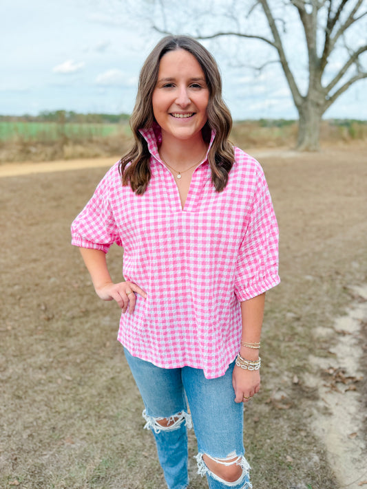 Spring Sloan Top in Pink Seersucker Gingham