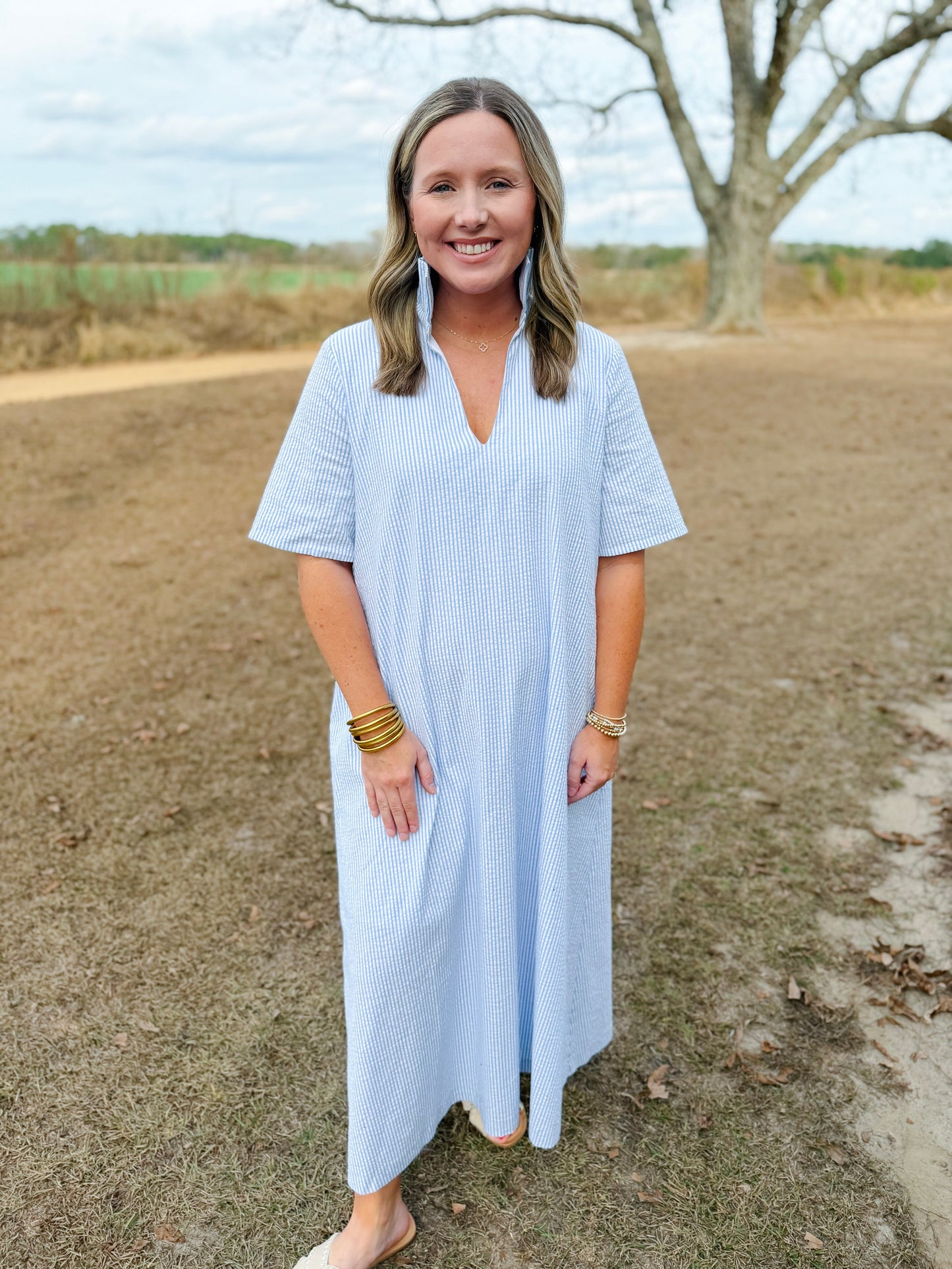 Plus Spring Audrey Midi Dress in Sky Seersucker