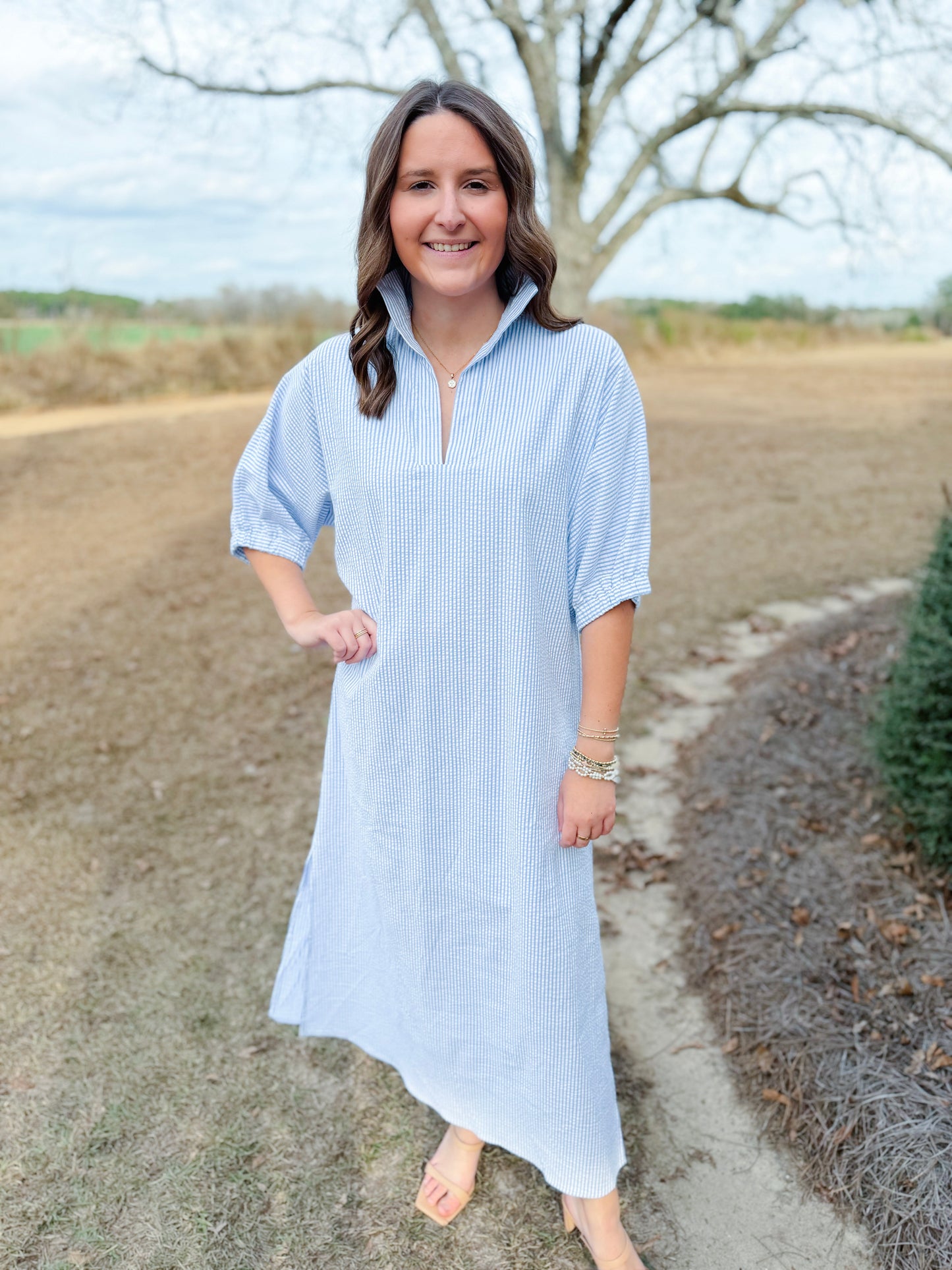 Plus Spring Blakely Midi Dress in Sky Seersucker