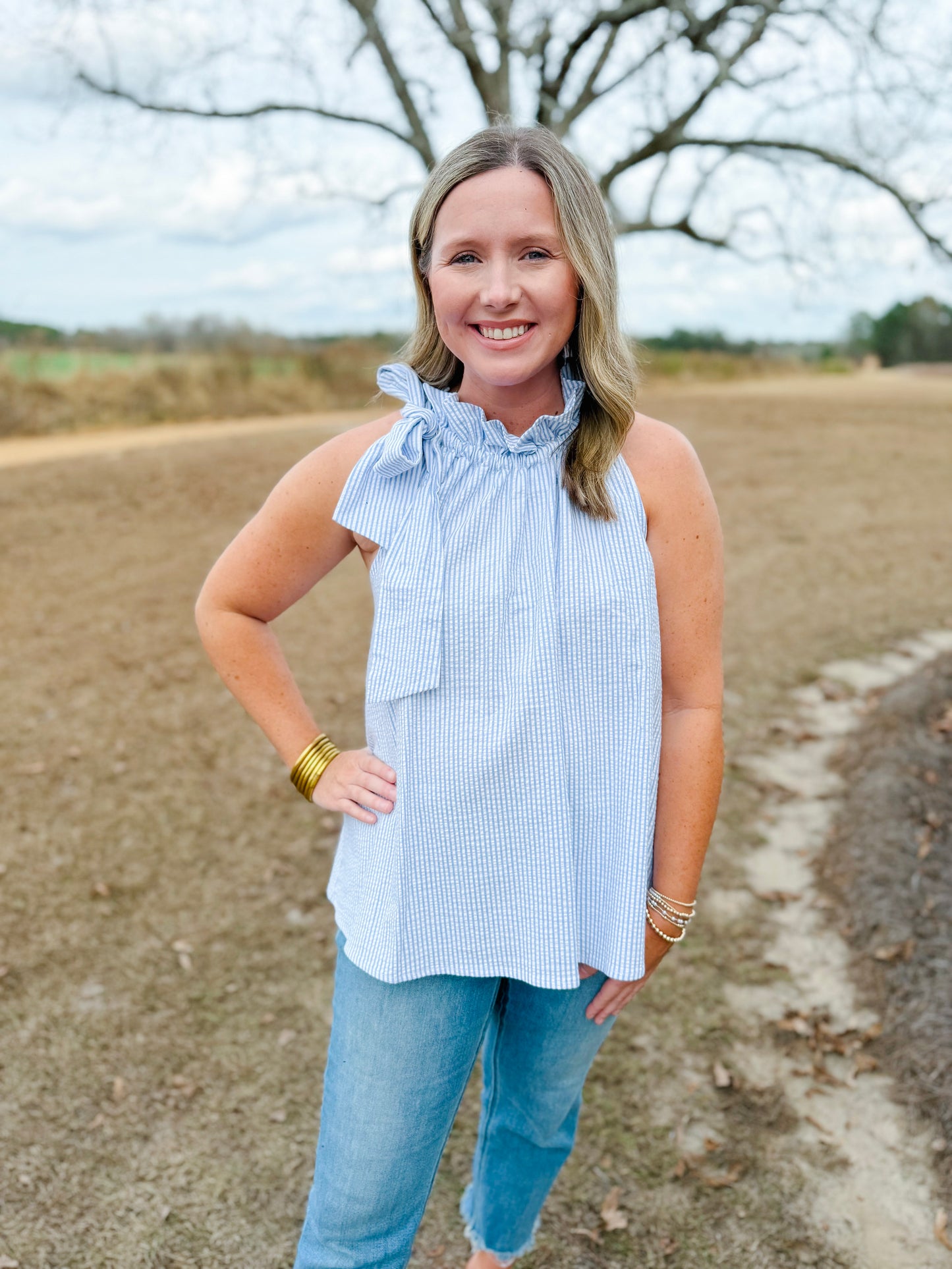 Spring Bridget Top in Sky Seersucker