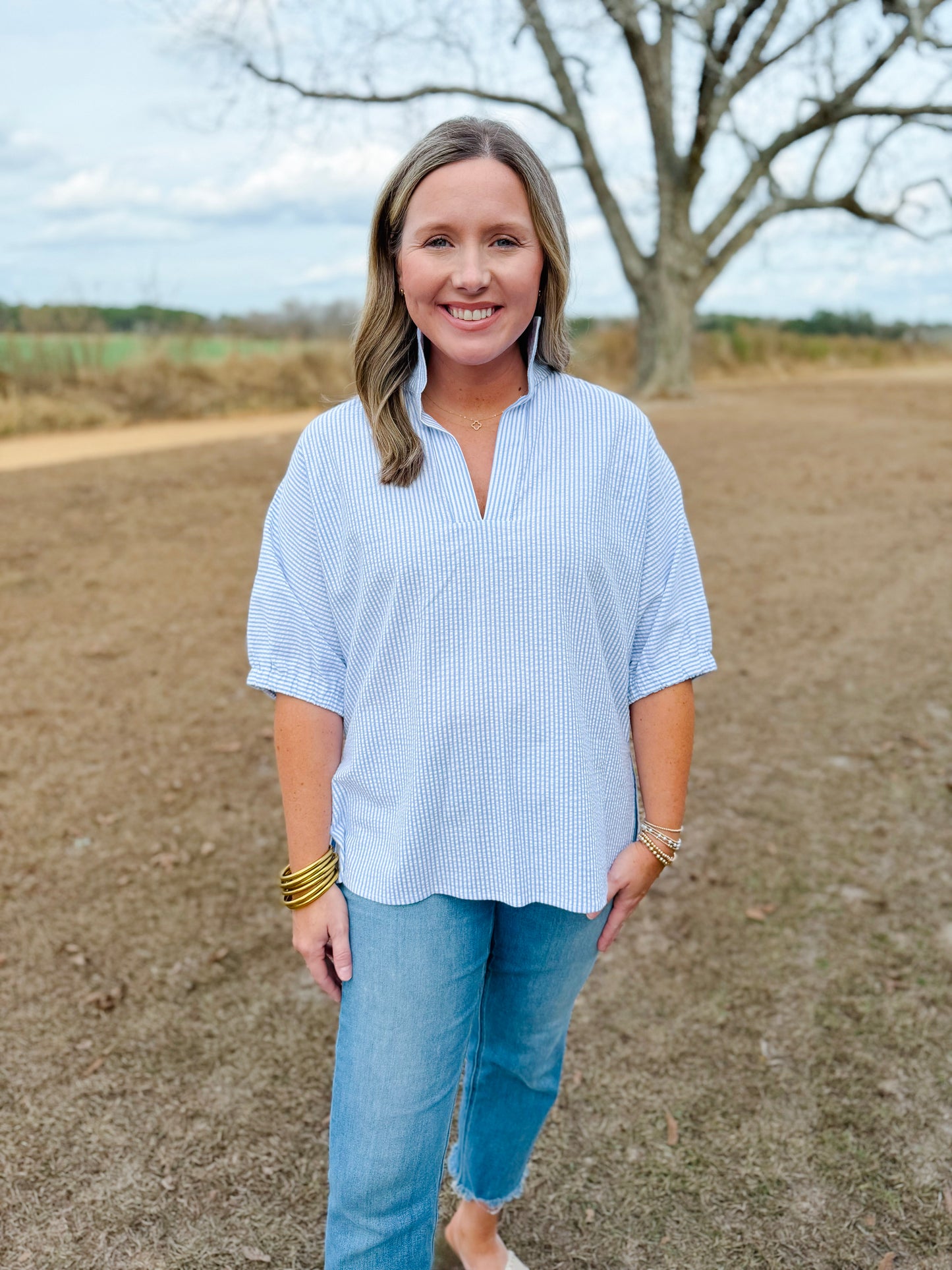 Plus Spring Sloan Top in Sky Seersucker