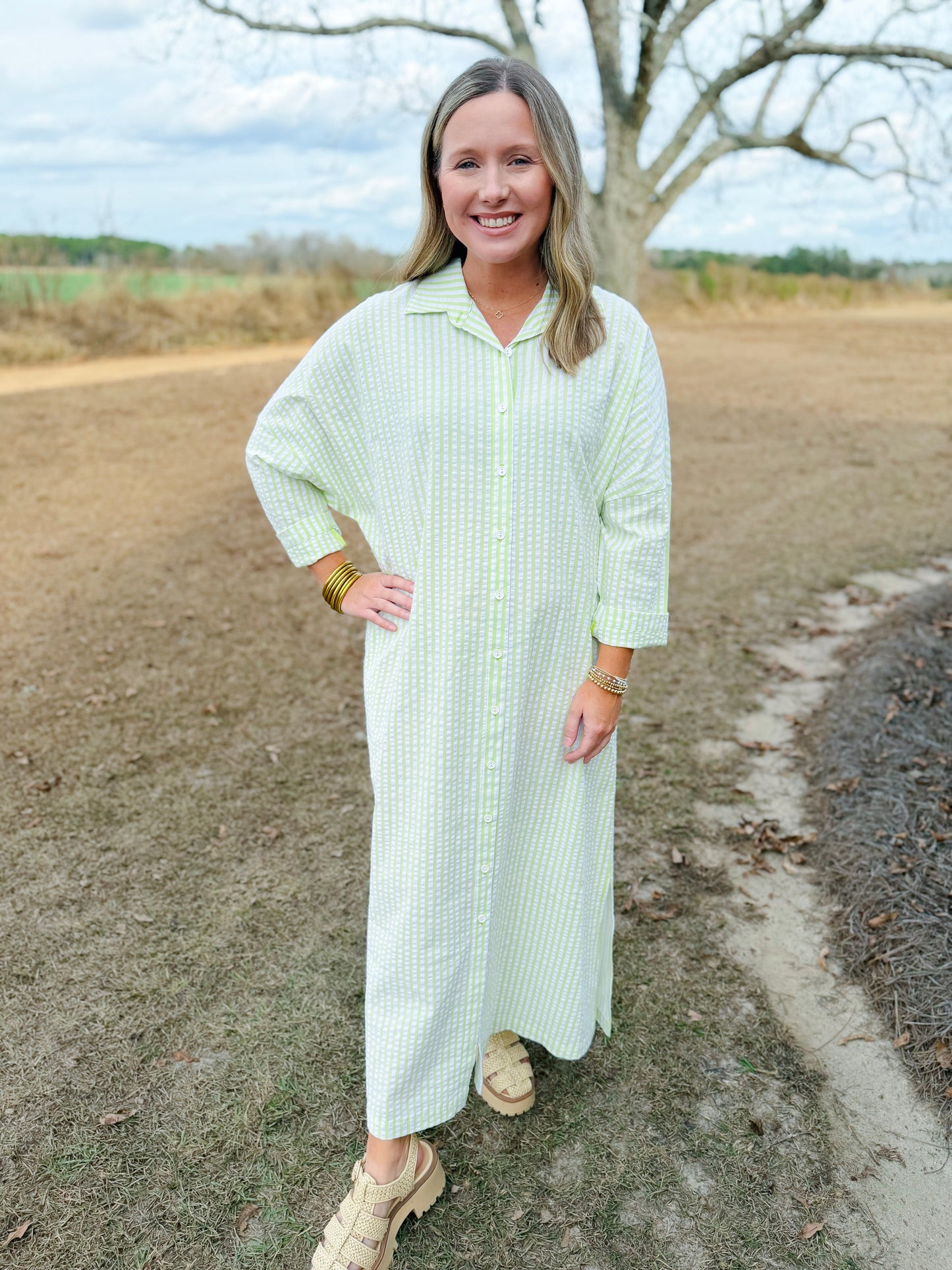 Spring Regan Maxi Dress in Lime Seersucker