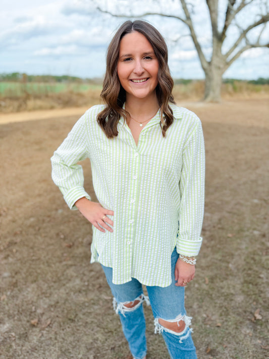 Spring Marley Button Down Top in Lime Seersucker