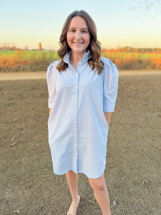 Spring Callie Dress in Sky Seersucker