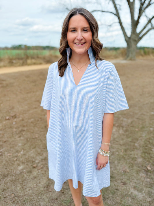 Spring Olivia Dress in Sky Seersucker