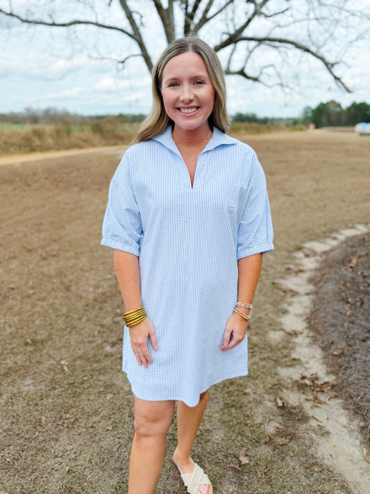 Spring Charlotte Dress in Sky Seersucker