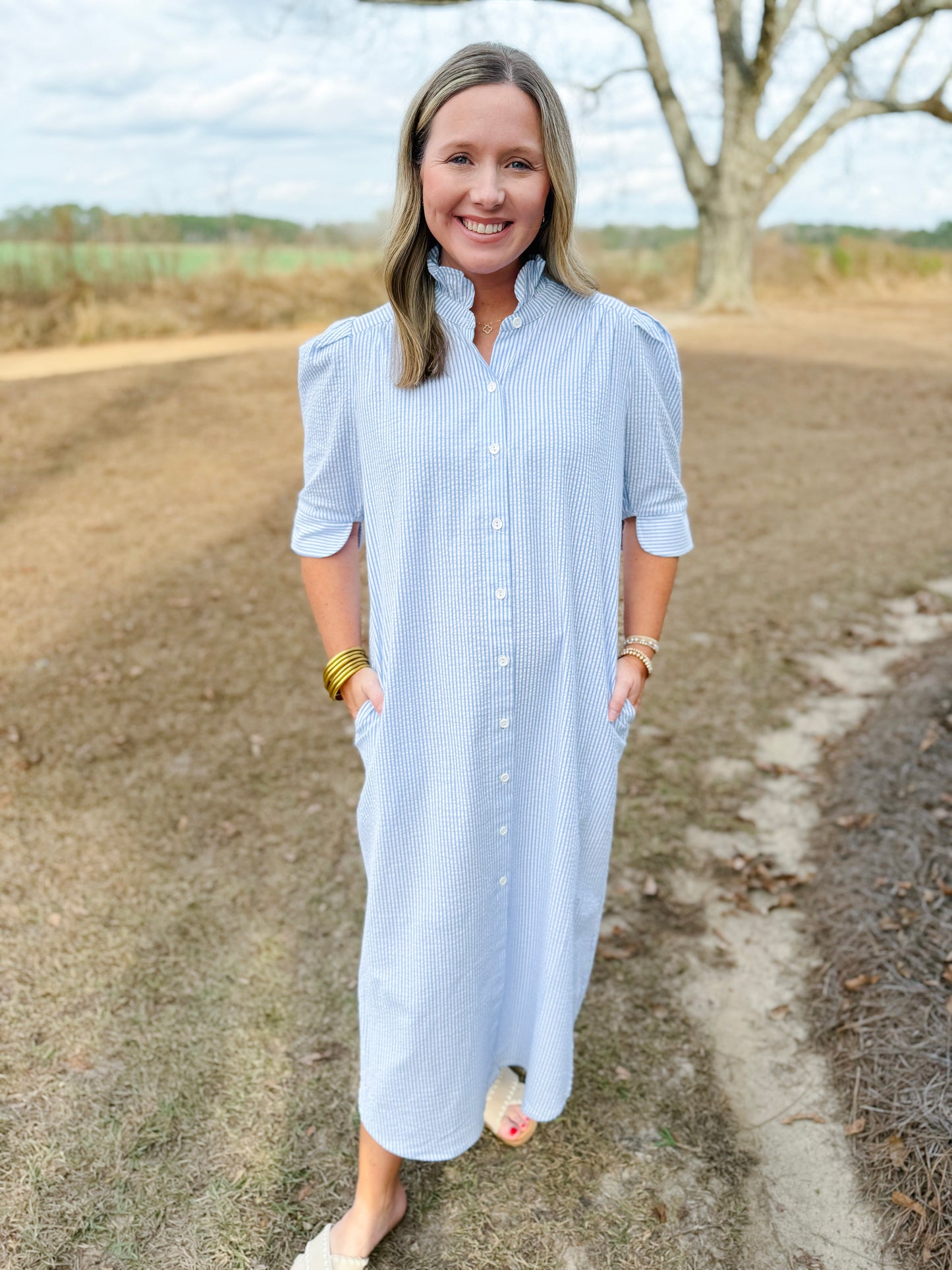 Spring Nina Dress in Sky Seersucker